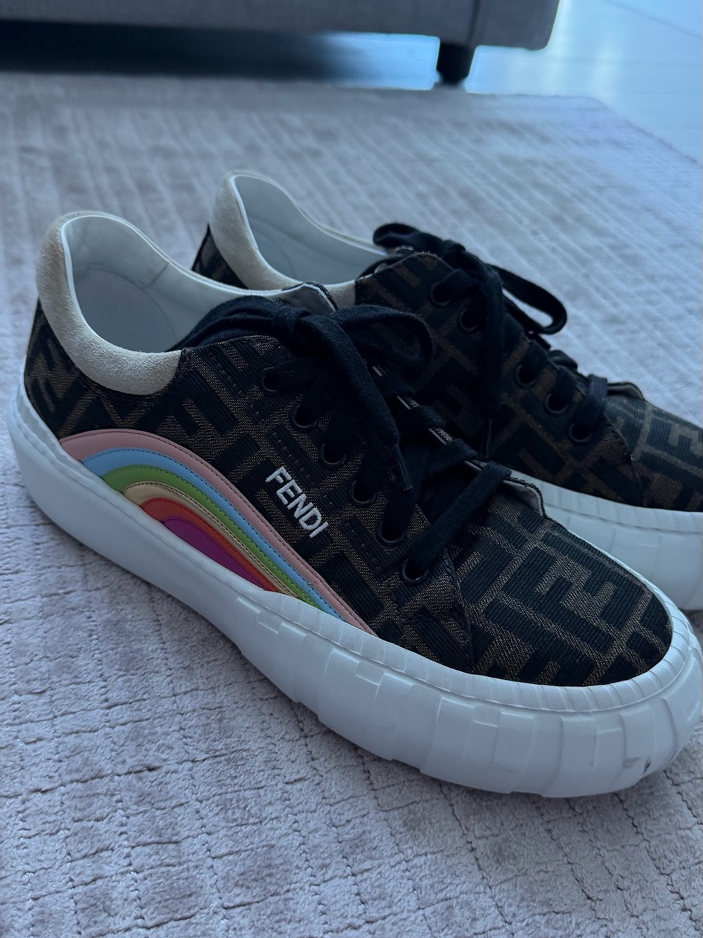 Fendi Black FF Logo Low-Top Sneakers with Rainbow Stripe
